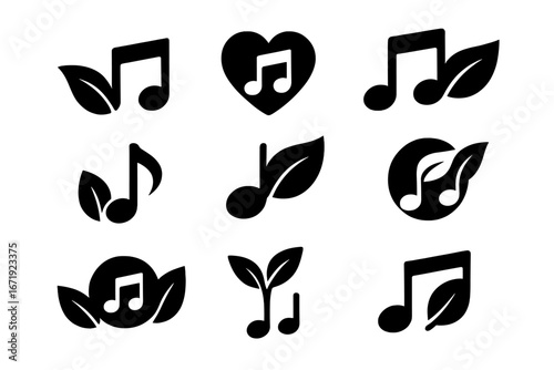 Nature music icon set. Leaf and sound silhouette collection for eco-friendly design. Vector logo template. Organic audio, natural harmony, and environmental melody concept.