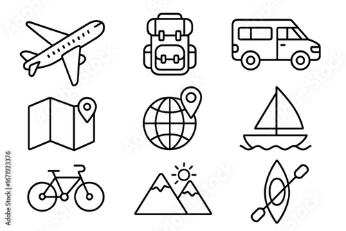 Transportation and Adventure Icon Set, Travel and Recreation Outline Style Vector Cartoon Illustration with Transparent Background, Includes Vehicle, Navigation, and Outdoor Activity Symbols