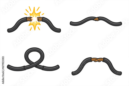 Illustrations of broken and connected electrical wires, various wire shapes and connections, wire damage and repair concepts, isolated minimalistic background, vector cartoon illustration