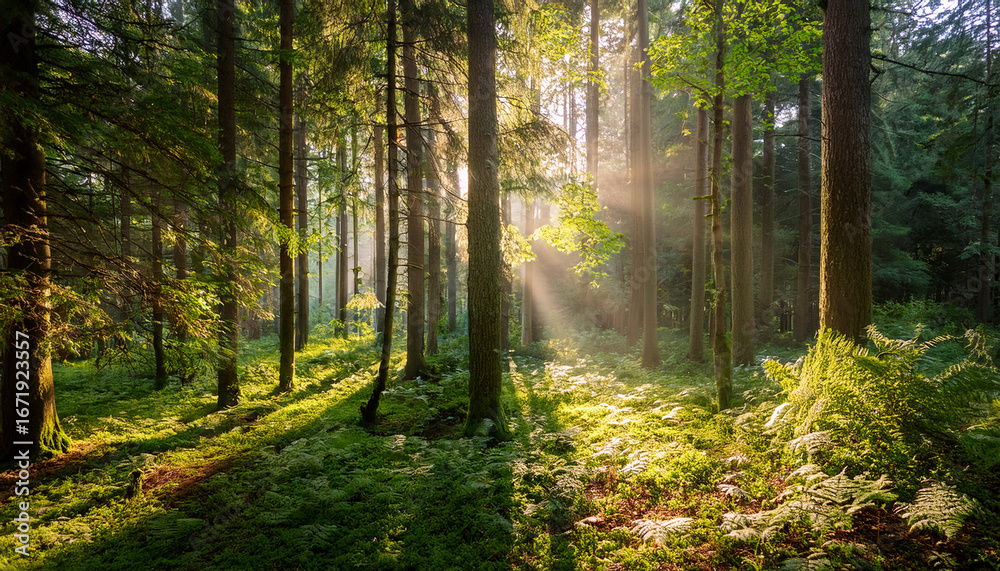 Fototapeta premium a serene forest scene with sunlight filtering through leaves highlighting roots and greenery