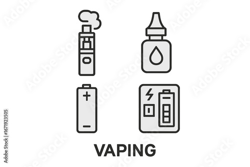 Vaping Essentials Line Icon Set, E-Cigarette Vaporizer, E-Liquid Bottle, Battery Power, and Charging Device Vector Illustration, Transparent Background, Modern Vape Accessories
