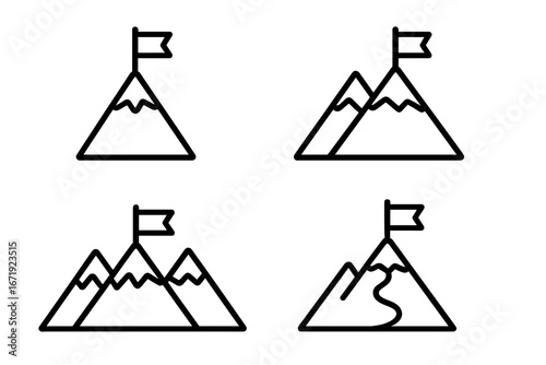 Mountain peak with flag icon set. Symbol of success, achievement, and reaching the goal. Business mission and victory concept. Simple minimal line art vector illustration.