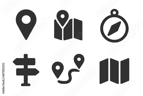 Navigation glyph icon set. Location pin, map, compass, and direction signs. Journey route and destination symbols for travel and tourism. Vector pictogram collection.