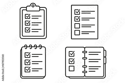 Various checklists and documents in simple line art style showcasing organizational tools, tasks, productivity, and planning concepts in vector cartoon illustration with transparent background