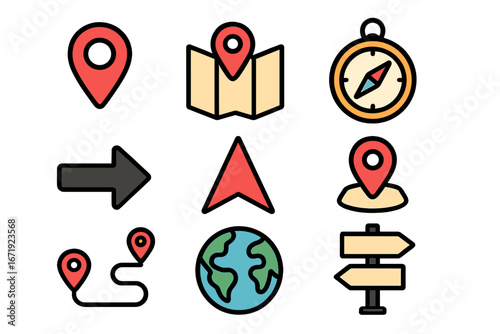 Navigation and location icon set. Flat cartoon vector symbols for web and mobile apps. Includes map pin, GPS marker, compass, direction arrow, route, globe, and signpost.