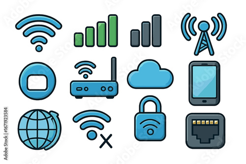 Set of various wireless technology and network connectivity icons including 4G, 5G, WiFi, signal bars, and data transmission symbols in colorful vector cartoon style with transparent background