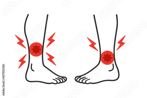 Injury symbols depicting leg pain with lightning bolts illustrating discomfort in calves and ankles, medical leg pain icons, vector cartoon illustration on transparent background
