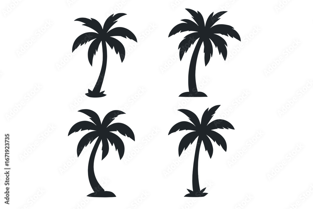 Obraz premium Palm tree silhouette vector icon set. Tropical plant, coconut tree symbol collection for summer travel, vacation, or beach logo design. Exotic nature jungle graphic element.