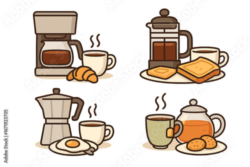 Illustrations of various coffee and tea brewing methods with breakfast items, minimalist style vector cartoon set featuring drip coffee, French press, moka pot, tea pot with snacks