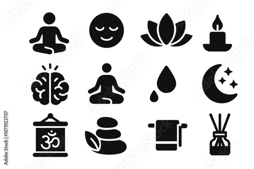 Meditation and wellness solid icons set, calm and relaxation symbols, mindfulness vector cartoon illustration, zen spirituality, mental health, yoga and peace icons, transparent background