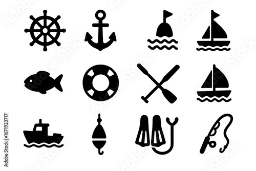 Marine and fishing solid icon set with nautical sea and boat icons, vector cartoon illustration including sailboats, fishing gear, life buoy, flippers, anchor, ship wheel, and fishing rod symbols