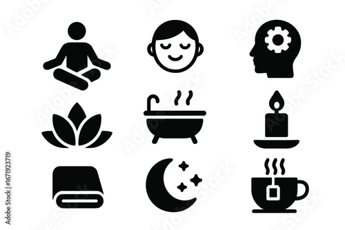 Meditation and Wellness Solid Icons Set – Calm Relaxation Mindfulness Symbols, Spa and Self-Care Icons, Yoga, Mental Health, Serenity and Peace Vector Illustration