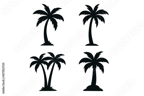 Palm tree silhouette icon set for nature and tropical designs. Vector illustration. Coconut tree shape for summer vacation, beach, travel, paradise, island, holiday logo.