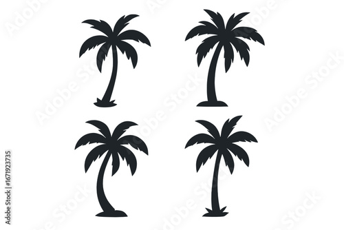 Palm tree silhouette vector icon set. Tropical plant, coconut tree symbol collection for summer travel, vacation, or beach logo design. Exotic nature jungle graphic element.