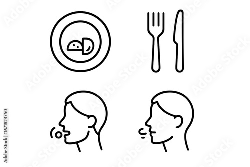 Mindful Eating Icons Set, Outline Vector Illustrations of Small Portion Plate, Utensils Positioned, Chewing and Breathing Practice for Healthy Eating Habits