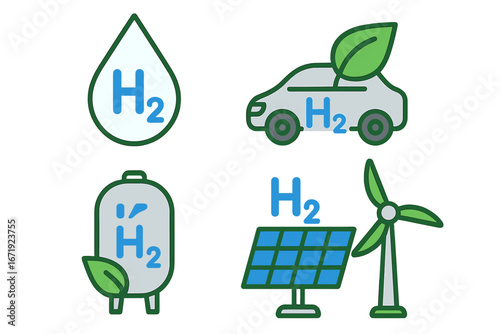Innovative Hydrogen Energy Symbols Showcasing Green Technology Solutions for Sustainable Future, Renewable Energy Icons, Eco-Friendly Power, Clean Energy Vector Illustration