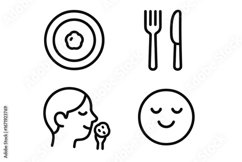 Mindful Eating Icons Set, Outline Food and Utensils Vector, Small Portion Plate, Chewing and Savoring Practice, Healthy Eating Awareness, Calm Face Emotion Illustration