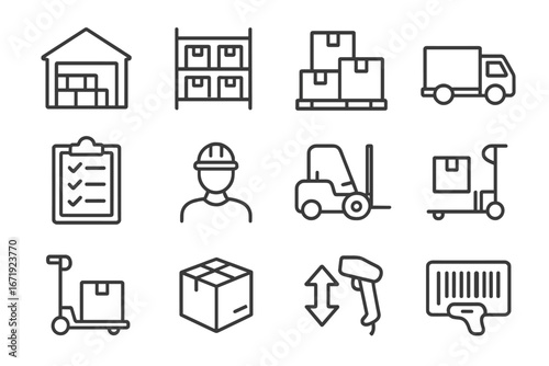 Warehouse and logistics icon set, storage and equipment management, linear vector collection with transparent background, supply chain, delivery, inventory control, shipping symbols