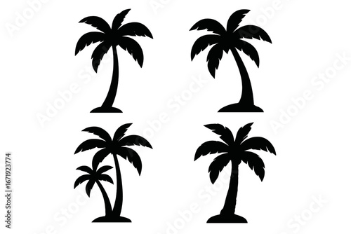 Palm tree silhouette vector icon set. Collection of black isolated tropical palms. Simple graphic elements for summer, beach, vacation, nature, and island design themes.