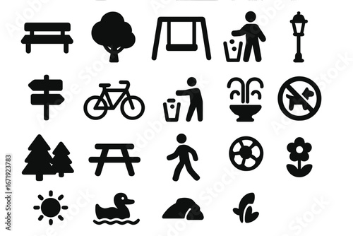 Park and outdoor recreation solid icon set. City public space filled glyph symbols. Nature, leisure and activity silhouette pictograms. Vector elements for web and print design.