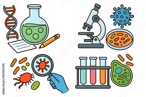Vector cartoon illustrations of biology and microbiology scientific concepts including DNA, microscope, petri dish, cells, test tubes and bacteria in laboratory setting with transparent background