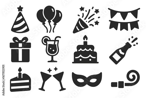 Party and celebration solid icons set. Festive event glyphs for birthday, new year, carnival. Vector symbols of cake, gift, balloons, champagne, confetti, and party mask.