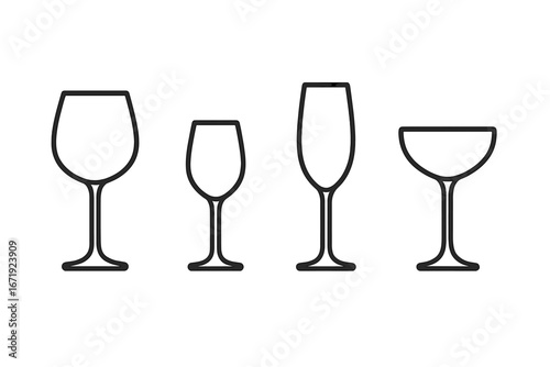 Elegant wine and champagne glasses line icon set, stylish glassware collection, vector cartoon illustration with transparent background, ordered drinkware icons for celebration design