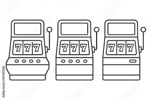Modern slot machines with classic triple sevens symbols in outline style, casino gambling icons, vintage jackpot design, vector cartoon illustration on transparent background