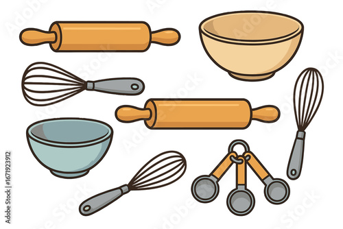 Kitchen tools and utensils collection with rolling pins, mixing bowls, whisks, measuring spoons, cartoon vector illustration, baking and cooking equipment set on white background
