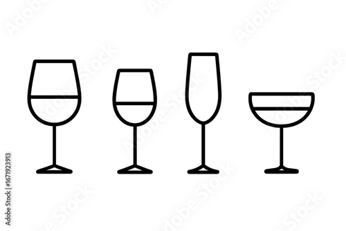 Elegant wine and champagne glasses line icon set, stylish glassware collection, vector cartoon illustration with transparent background, ordered set of 4 different glass shapes