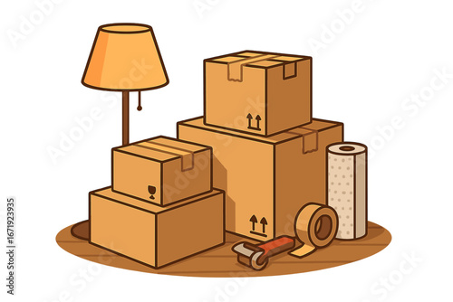 Moving day essentials with stacked cardboard boxes, lamp, packing tape, paper roll, and tape dispenser in cozy vector cartoon style with transparent background