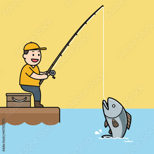 Fisherman Catching a Fish at the Pier