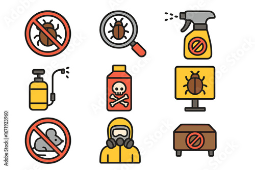 Pest control service icon set. Vector cartoon icons for bug and insect removal, extermination. Collection includes poison, spray, trap, hazmat suit and rodent prohibition sign.