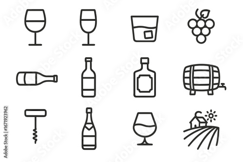 Wine and spirits line icon set with glasses, bottles, vineyard symbols, corkscrew and barrel. Vector cartoon illustration collection for winery, alcohol, beverage design.