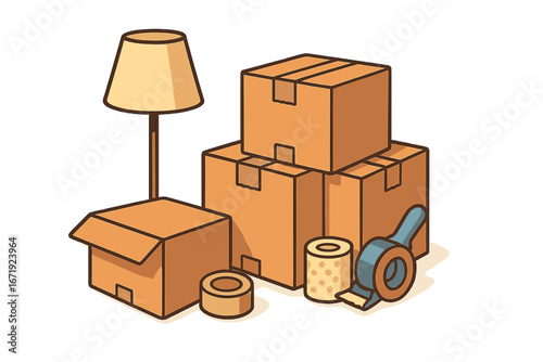 Moving day essentials with cardboard boxes, floor lamp, packing tape, and bubble wrap. Cozy home relocation concept in a detailed vector cartoon illustration with transparent background.