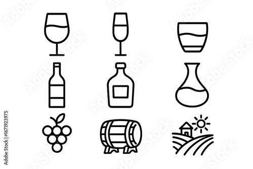Wine and spirits icon set with glasses, bottles, vineyard, barrel, and decanter symbols, vector line art collection, elegant beverage and winery concept illustration