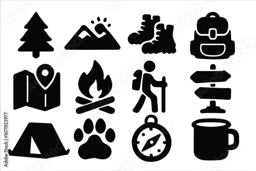 Nature and Adventure Silhouette Icons Set, Filled Solid Outdoor and Travel Symbols with Camping, Hiking, Navigation, Backpacking, Campfire and Wilderness Elements Vector