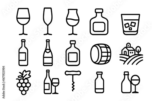 Wine and Spirits Line Icon Set with Glasses, Bottles, Vineyard Symbols, Barrel, Corkscrew, Grapes, and Distillery Elements – Vector Cartoon Illustration with Transparent Background, Ordered Collection