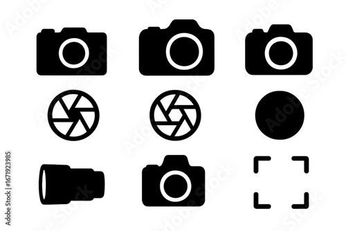 Photography camera icon set. Black silhouette collection of photo equipment symbols. Includes lens, aperture, shutter, and focus frame. Vector graphic elements for web and UI.