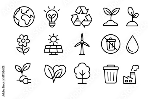 Nature and Ecology Outline Icon Set, Environment and Green Energy Sustainability Symbols, Renewable Resources, Eco-Friendly Concepts, Vector Cartoon Illustration Transparent Background