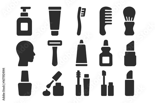 Personal Care Solid Icons Set – Flat Filled Grooming and Beauty Essentials Vector Cartoon Illustration with Transparent Background, Skincare, Makeup, Haircare Tools Collection
