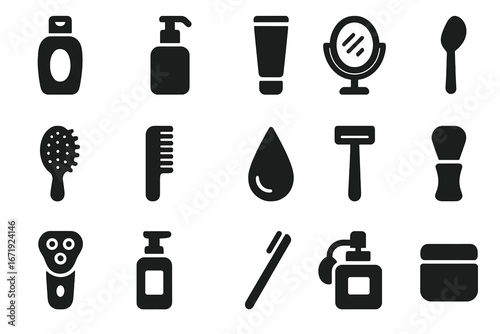 Personal care solid icons set, flat filled grooming and beauty essentials vector cartoon illustration with transparent background, hairbrush, razor, mirror, lotion, cosmetics, hygiene tools