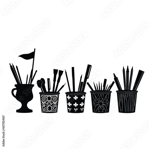 Five Pencil Holders with Art Supplies and Flag pen holder