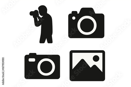 Photography icons set. Photographer silhouette, camera and digital imaging symbols. Vector graphic illustration for photo studio, equipment store or picture gallery web design.