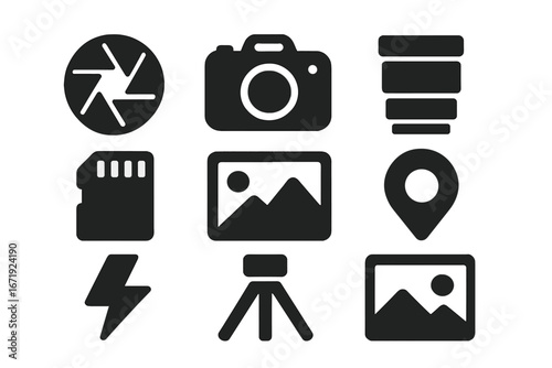 Photography solid icon set. Camera, lens, aperture, flash, tripod, sd card, location, and photo symbols. Vector glyph collection for photographer, studio, app, or website UI.