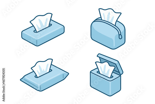 Pocket Tissue Icon Set, Isometric Flat Vector Illustration of Slim Pack, Travel Pouch, Foil Pack, Flip-Top Case Variants, Hygiene Essentials, Disposable Soft Tissue