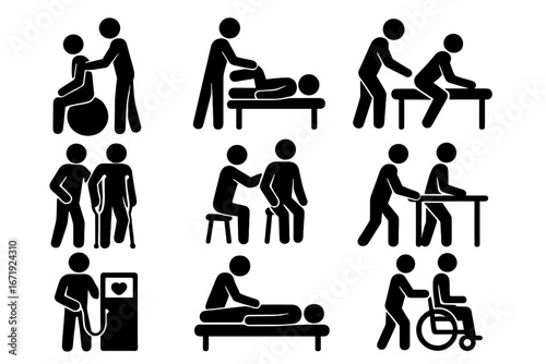 Physical Therapy Silhouette Icons Set, Rehabilitation and Exercise Healthcare Symbols, Cartoon Vector Illustrations for Medical, Therapy, Recovery, Mobility, Wellness, and Support Concept