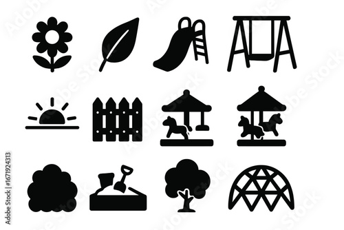 Playground and garden silhouette icons set. Park, nature, and outdoor recreation symbols. Vector collection of slide, swing, sandbox, carousel, tree, flower, and fence.