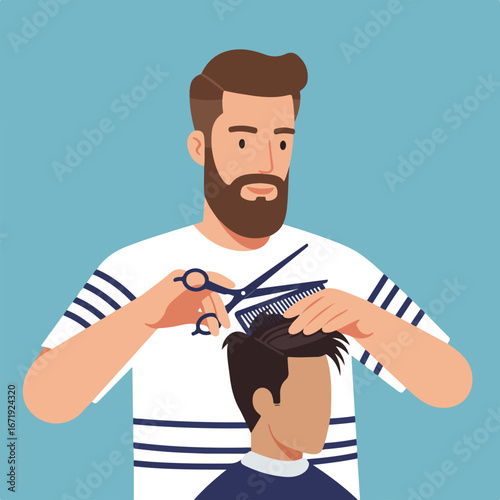 Barber cutting client's hair using scissors and comb in a barbershop