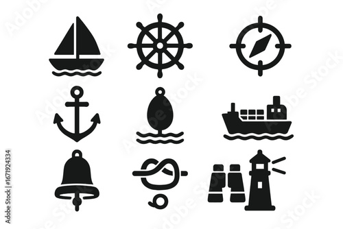 Nautical and maritime solid icon set with boat navigation and shipping graphics, marine transportation, marine equipment, navigation tools, maritime symbols, vector illustration transparent background